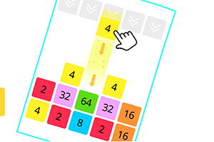 Håndpeker som drar en gul firerblokk, omgitt av nummererte flerfargede blokker inkludert 2, 4, 8, 16, 32, og 64