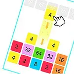 Håndpeker som drar en gul firerblokk, omgitt av nummererte flerfargede blokker inkludert 2, 4, 8, 16, 32, og 64