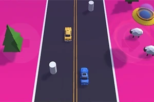 To biler kjører på en vei omgitt av rosa bakgrunn med trær, søyler, sauer og et ufo-lignende objekt