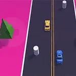 To biler kjører på en vei omgitt av rosa bakgrunn med trær, søyler, sauer og et ufo-lignende objekt