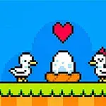 Duck Duck To ender stÄr pÄ hver side av et egg i et rede, med et hjerte over seg, pÄ en enkel, pikselert bakgrunn