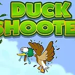 En tegneserieand med oppsperrede øyne i luften, omgitt av grønne blader og teksten Duck Shooter over