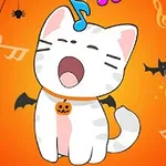 En tegnet katt med gresskarhalsbånd synger mens den omgis av flaggermus, edderkopper og musikalske symboler på en oransje bakgrunn