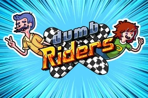 To tegnede karakterer flyr gjennom luften mot en bakgrunn med en blå fartseffekt, med teksten dumb Riders i midten
