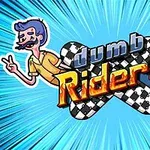 To tegnede karakterer flyr gjennom luften mot en bakgrunn med en blå fartseffekt, med teksten dumb Riders i midten