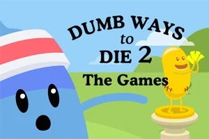 Blå figur med rød og hvit hodebånd ved siden av en gul figur som står på en sokkel og vinker, med teksten DUMB WAYS to DIE 2 The Games over