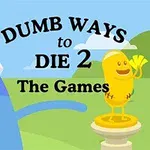 Blå figur med rød og hvit hodebånd ved siden av en gul figur som står på en sokkel og vinker, med teksten DUMB WAYS to DIE 2 The Games over