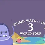Fargerike animerte figurer med stor tekst Dumb Ways to Die 3 World Tour i midten, med en bakgrunn som viser et landskap med en liten innsjø