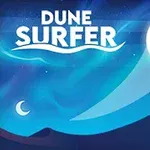 Blå sanddyner under en lys natt med en stor glødende kule og teksten Dune Surfer