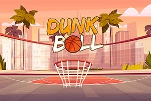 En basketballbane med palmetrær og en bysilhuett i bakgrunnen, med teksten Dunk Ball over kurven