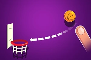 En tegnet basketballbane med en ball som følger en stiplet bane mot en kurv, og en finger som peker mot ballen, med en lilla bakgrunn