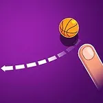 En tegnet basketballbane med en ball som følger en stiplet bane mot en kurv, og en finger som peker mot ballen, med en lilla bakgrunn