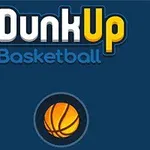 Blå bakgrunn med teksten Dunk Up Basketball over en oransje basketball