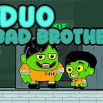 To tegneseriefigurer med grønne ansikter og oransje fangedrakter står foran en dør med skiltet EXIT over seg, med teksten DUO BAD BROTHERS over