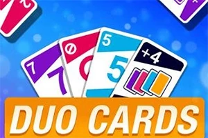 Fargerike kort med tall og symboler på blå bakgrunn med teksten DUO CARDS nederst