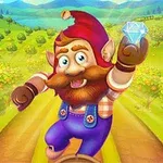 En illustrasjon av en tegneseriefigur med skjegg og rød lue som holder en diamant, omgitt av et fargerikt landskap med trær og åser i bakgrunnen