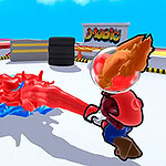 To an animasjonsfigurer som skyter fargede stråler mot hverandre på en fargerik lekeplass med lyse bakgrunnsdetaljer