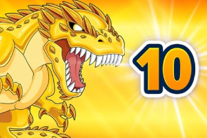 Gul dinosaur med åpne kjever foran et lyst bakteppe med tallet 10
