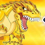 Gul dinosaur med åpne kjever foran et lyst bakteppe med tallet 10