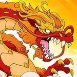 En ildfull, tegnet drage med gule og oransje nyanser mot en lys oransje bakgrunn, med tallet åtte i blått og gult
