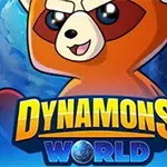En tegneseriefigur av en rød panda med teksten Dynamons World foran en jordklode