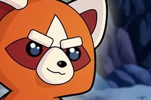 Tegnet bilde av en rød panda med store øyne og bestemte uttrykk i ansiktet, omgitt av en uklar bakgrunn