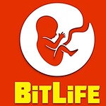 Logo med en silhuett av et foster i en sirkel mot rød bakgrunn og teksten BitLife i gule bokstaver