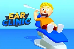 En animert figur med blondt hår sitter i en blå tannlegestol med munnen åpen, ved siden av teksten Ear Clinic