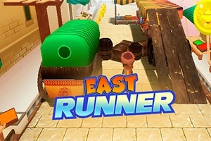Fargerikt markedsmiljø med hindringer og logoen East Runner foran