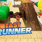 Fargerikt markedsmiljø med hindringer og logoen East Runner foran