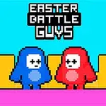To pixelfigurer, en blå og en rød, står på en fargerik plattform med teksten Easter Battle Guys over dem