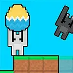 En pikselert figur holder et stort fargerikt egg mens en svart karakter hopper i luften mot en blå bakgrunn, med teksten Easter Egg Arena nederst
