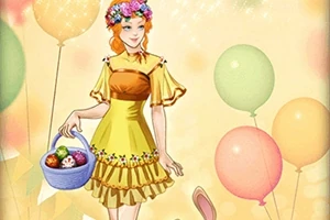 En kvinne i gul kjole med blomsterkrans i håret holder en kurv med påskeegg, omringet av fargerike ballonger