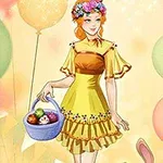 En kvinne i gul kjole med blomsterkrans i håret holder en kurv med påskeegg, omringet av fargerike ballonger
