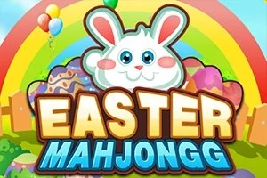 En illustrasjon med en hvit kanin, påskeegg, regnbue, ballonger, og teksten Easter Mahjongg