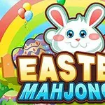 En illustrasjon med en hvit kanin, påskeegg, regnbue, ballonger, og teksten Easter Mahjongg