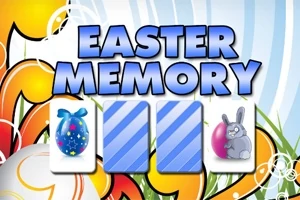 Fargerik illustrasjon med teksten Easter Memory og bilder av et påskeegg og en påskehare mot en bakgrunn med blomster