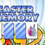 Fargerik illustrasjon med teksten Easter Memory og bilder av et påskeegg og en påskehare mot en bakgrunn med blomster