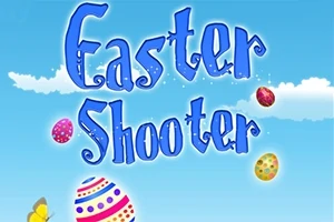 Fargerike påskeegg og sommerfugler foran en skyet blå himmel med teksten Easter Shooter