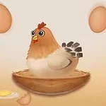 En tegnet høne sitter i et rede omgitt av flytende egg og et stekt egg
