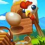 En tegneserieaktig hane som står ved siden av et hønsehus med et stort egg som ruller nedover og en kurv full av egg i forgrunnen, med blå himmel og fjell i bakgrunnen