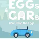 Illustrasjon av en blå bil i et tegnet skoglandskap med teksten EGGs & CARs Dont Drop the Egg!