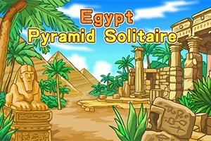 Tegnet bilde av en egyptisk ørken med pyramider, palmer, en sfinxstatue og ruiner av templer