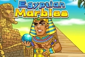 En tegneserie-farao holder en blå kule foran pyramider og en sfinx, med teksten Egyptian Marbles øverst