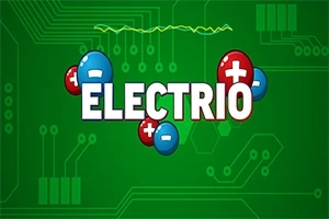 Tekst ELECTRIO omgitt av røde og blå sfærer med pluss- og minus-tegn på en grønn bakgrunn med elektroniske kretsmønstre