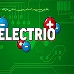 Tekst ELECTRIO omgitt av røde og blå sfærer med pluss- og minus-tegn på en grønn bakgrunn med elektroniske kretsmønstre