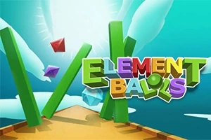 Fargerik 3D-tekst med ordene Element Balls foran en bakgrunn av klare blå himmel og svevende elementer