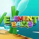 Fargerik 3D-tekst med ordene Element Balls foran en bakgrunn av klare blå himmel og svevende elementer