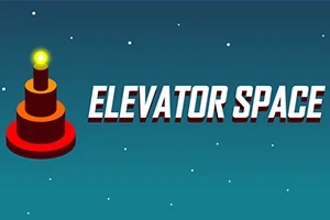 En illustrasjon med teksten ELEVATOR SPACE ved siden av en rød sirkel med en gul lysende topp, på en stjerneklar blå bakgrunn