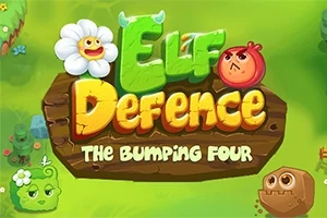Fargerikt illustrert skilt med teksten Elf Defence omgitt av stiliserte blomster og karakterer i en grønn, fantasifull verden